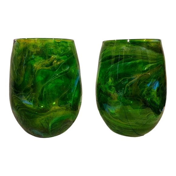 ((Sold))Marbled Green/Stemless Wine Set - Picture 3 of 3